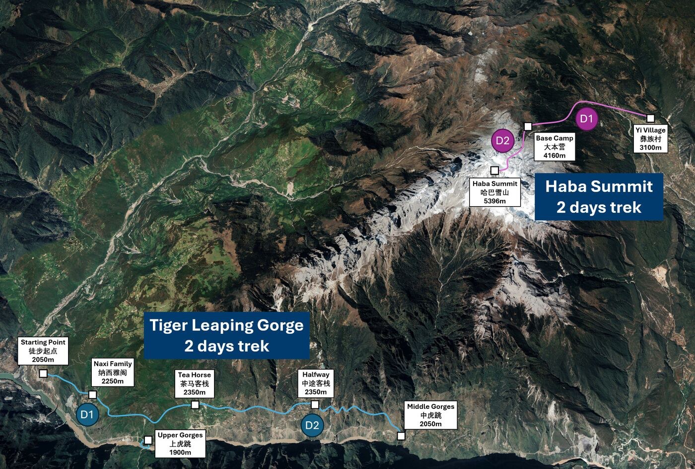 Satellite view of Haba Snow Mountain with the two-day Tiger Leaping Gorge trek marked along its southern flank, from the starting point through Naxi Family, Tea Horse and Halfway guesthouses to the Middle Gorges, and the two-day Haba summit trek on the glacier side